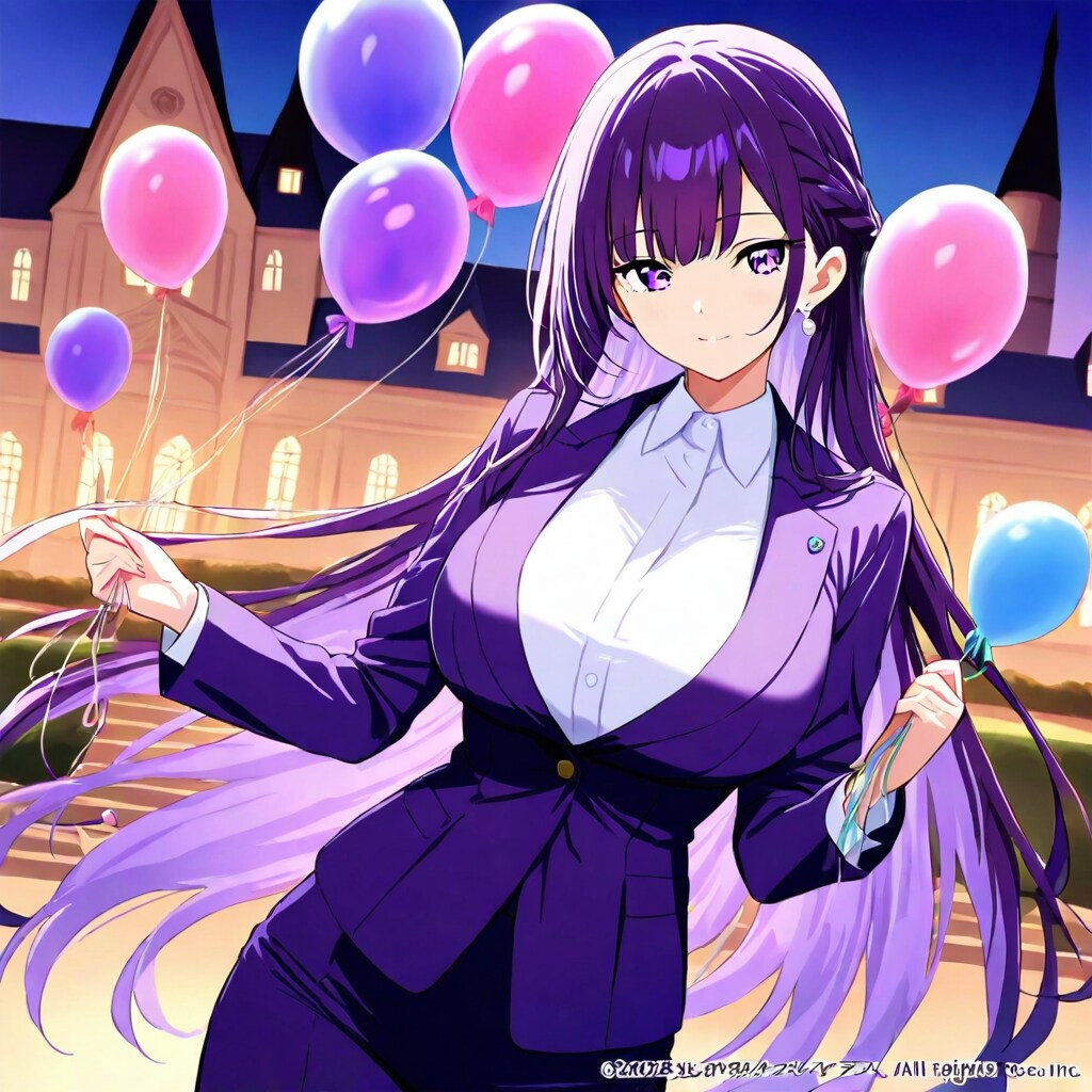 屋敷の庭でいっぱい風船を持つ紫髪ロングの美女。