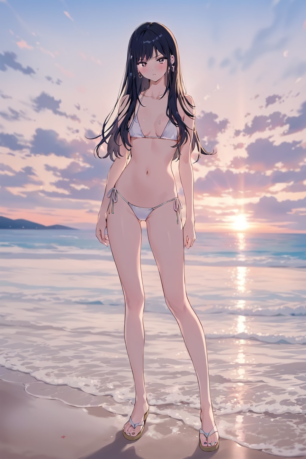 「真夏の渚の話題が集中するマイクロビキニの黒髪ベリーショートの劇的美女」の全身写真