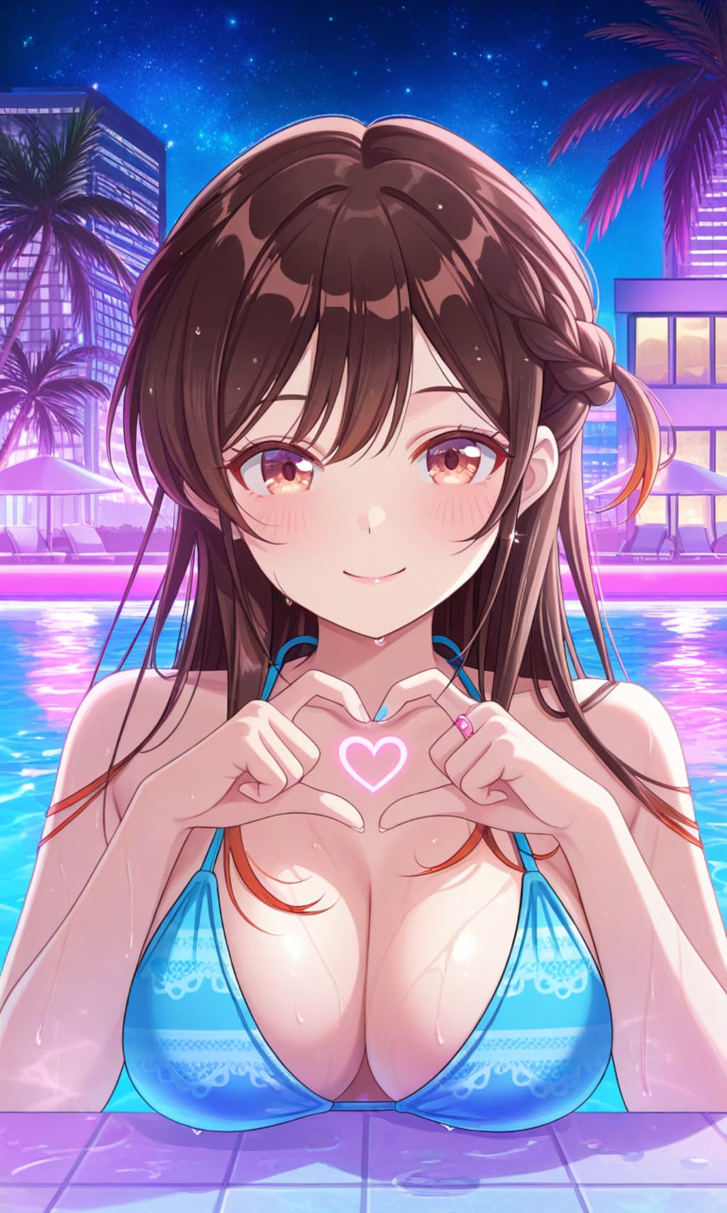 PixAIでハワイアンズ編ビキニでハートマークな千鶴👙🌃❤️