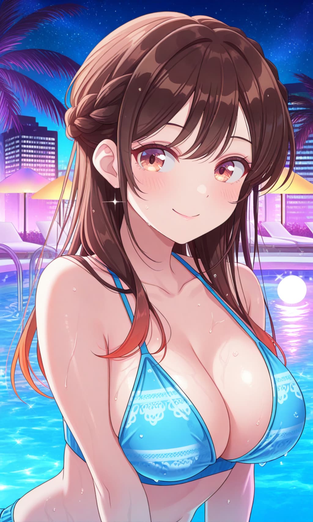 PixAIでハワイアンズ編ビキニでハートマークな千鶴👙🌃❤️