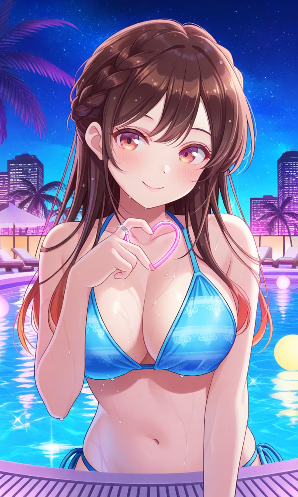 PixAIでハワイアンズ編ビキニでハートマークな千鶴👙🌃❤️