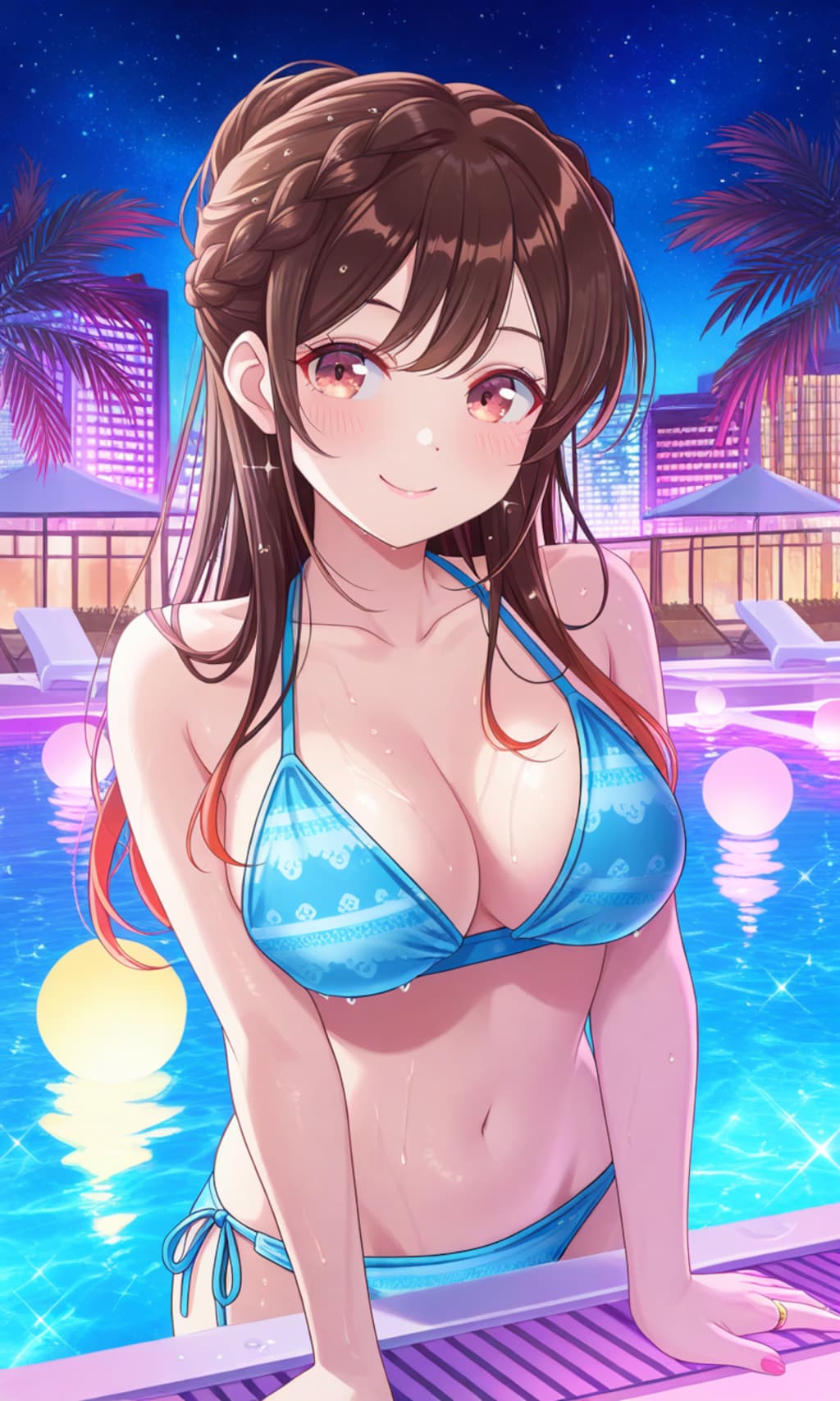 PixAIでハワイアンズ編ビキニでハートマークな千鶴👙🌃❤️