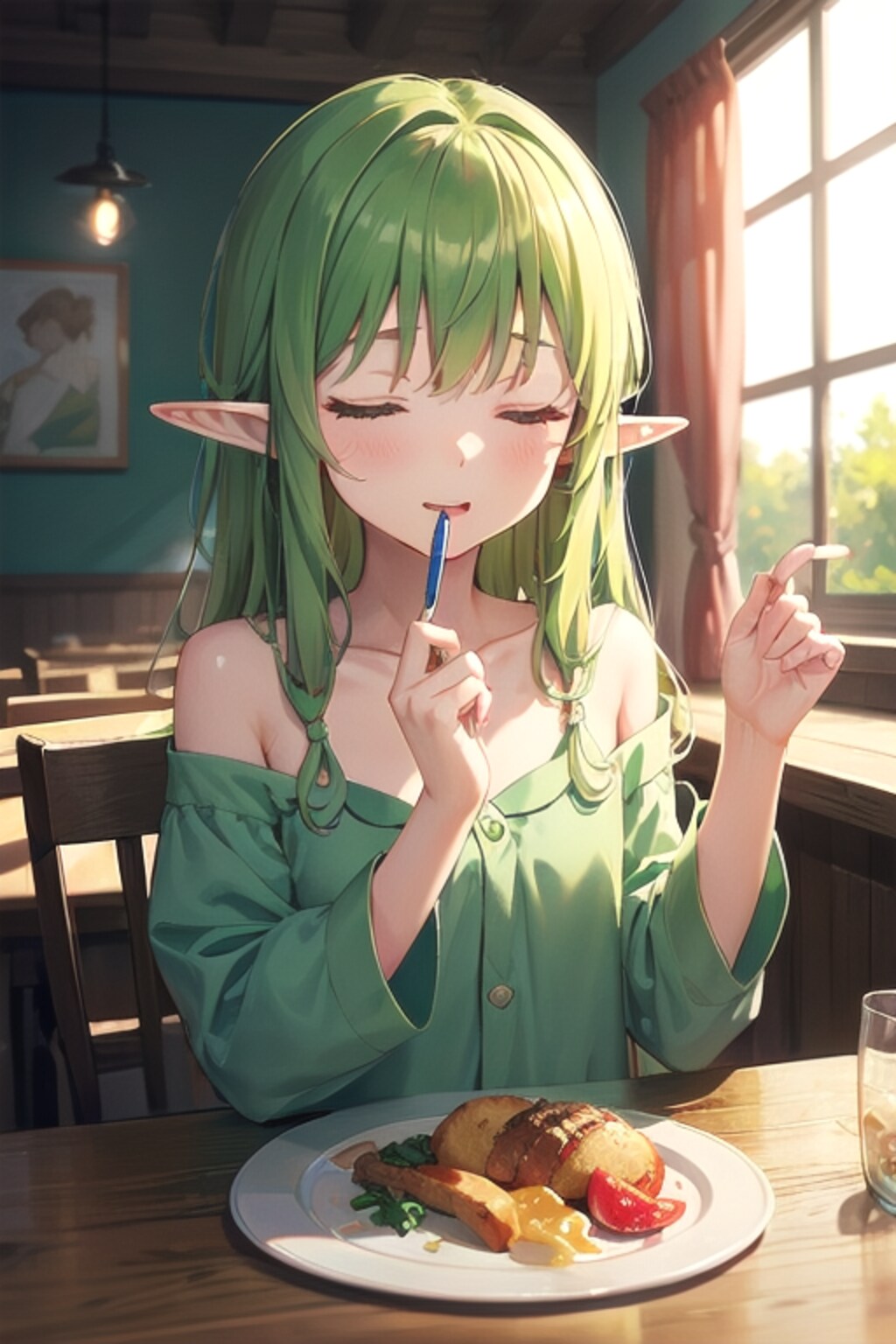 長寿の功で寝ながら食べれるエルフちゃん