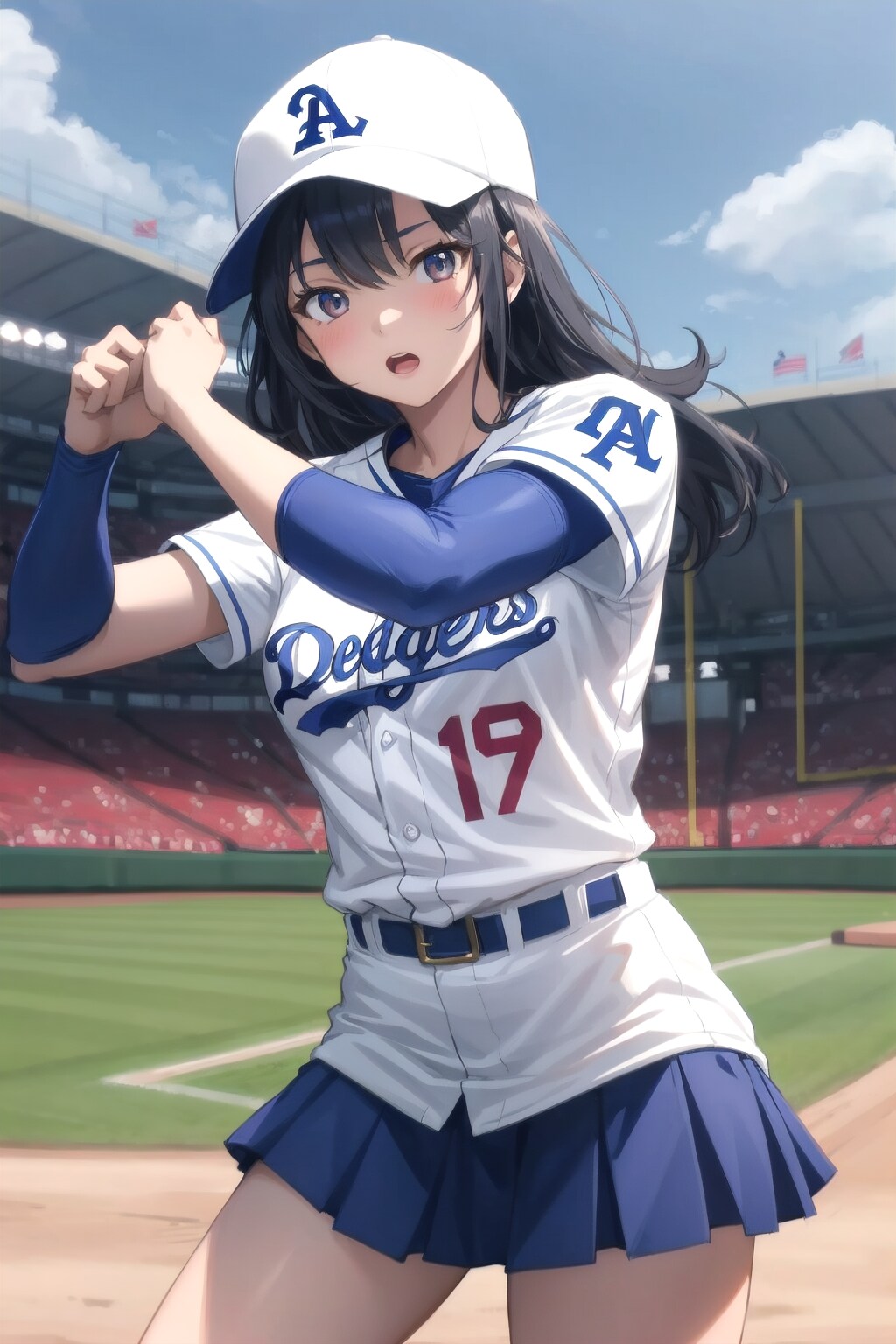ドジャースユニフォームの黒髪少女