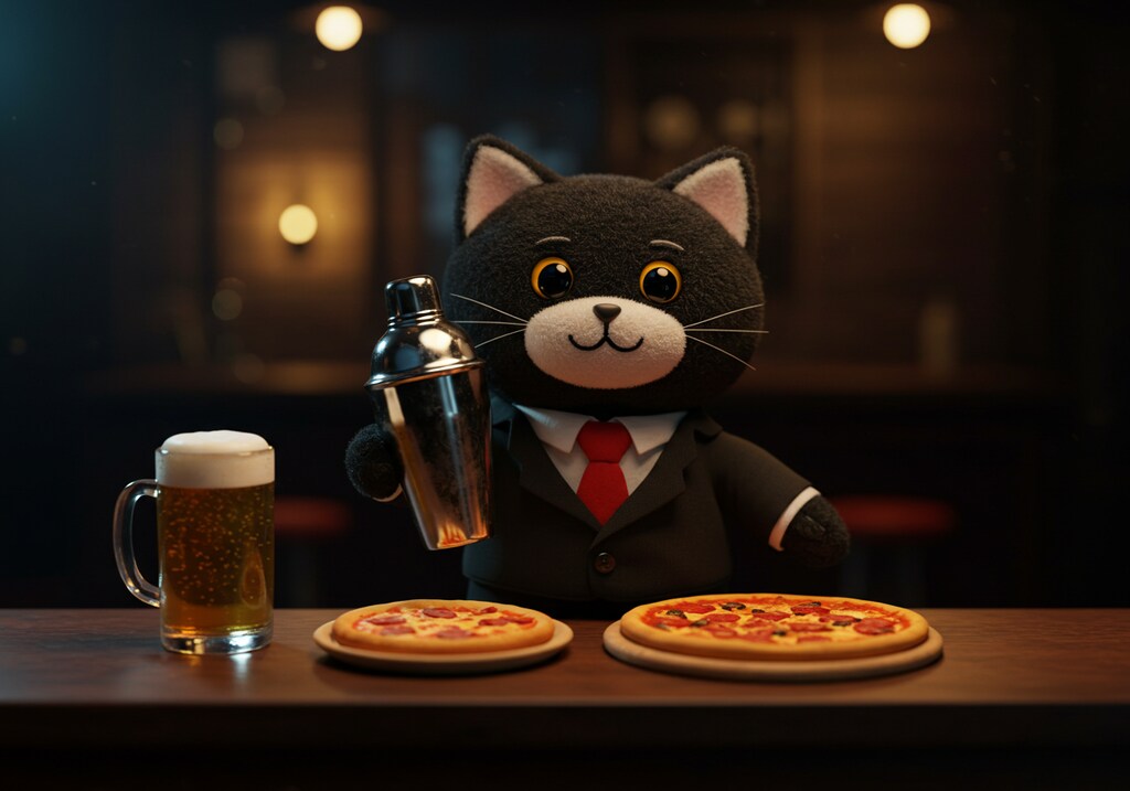 黒猫バーテンダーがビヤーとピザでおもてなし