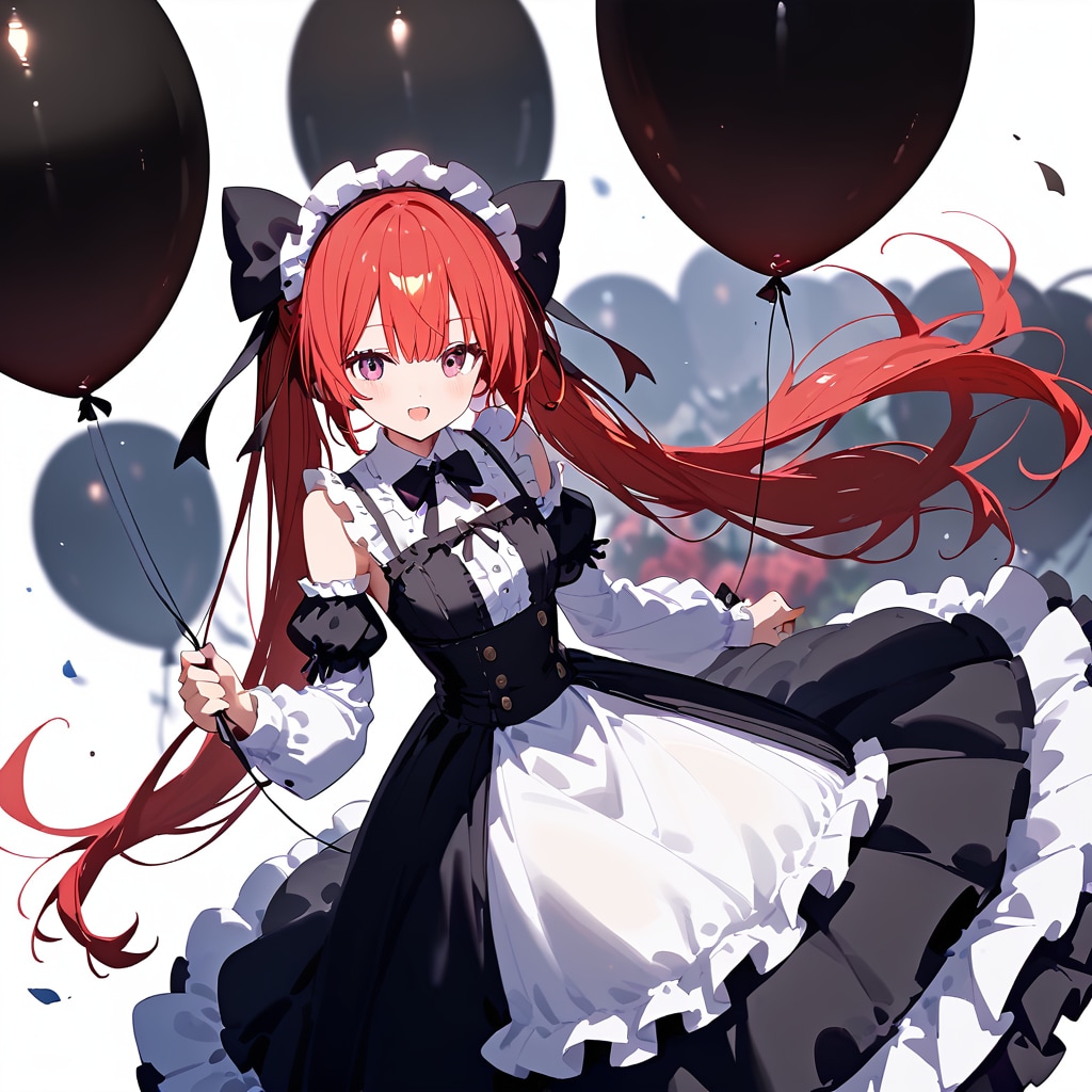 黒い風船を持つ赤い髪ロングのロリータ衣装の美少女。 | の人気AIイラスト・グラビア