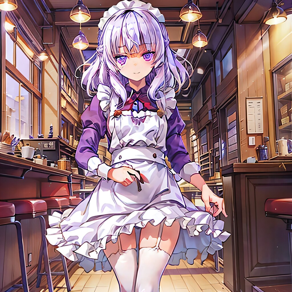 銀髪ロングでカフェの少女