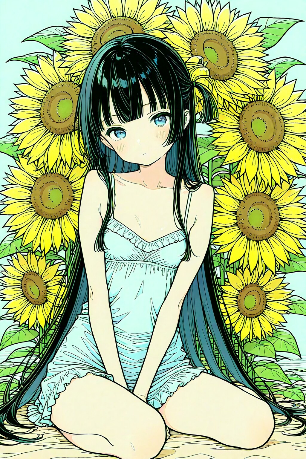 大きな向日葵の花に座る親指姫