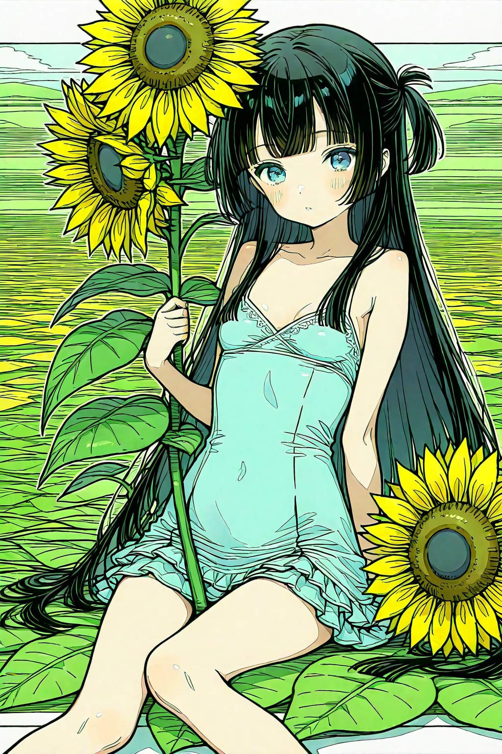 大きな向日葵の花に座る親指姫