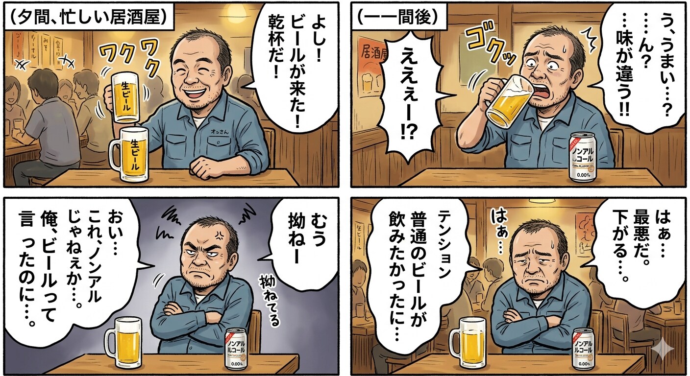 ビールを頼んだのにノンアルコールビールが出てきて拗ねてるおっさん