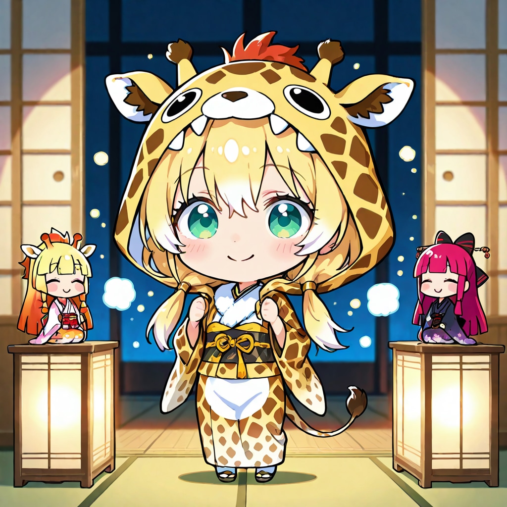 古民家の中に居る和風キリン着ぐるみちび子ちゃん