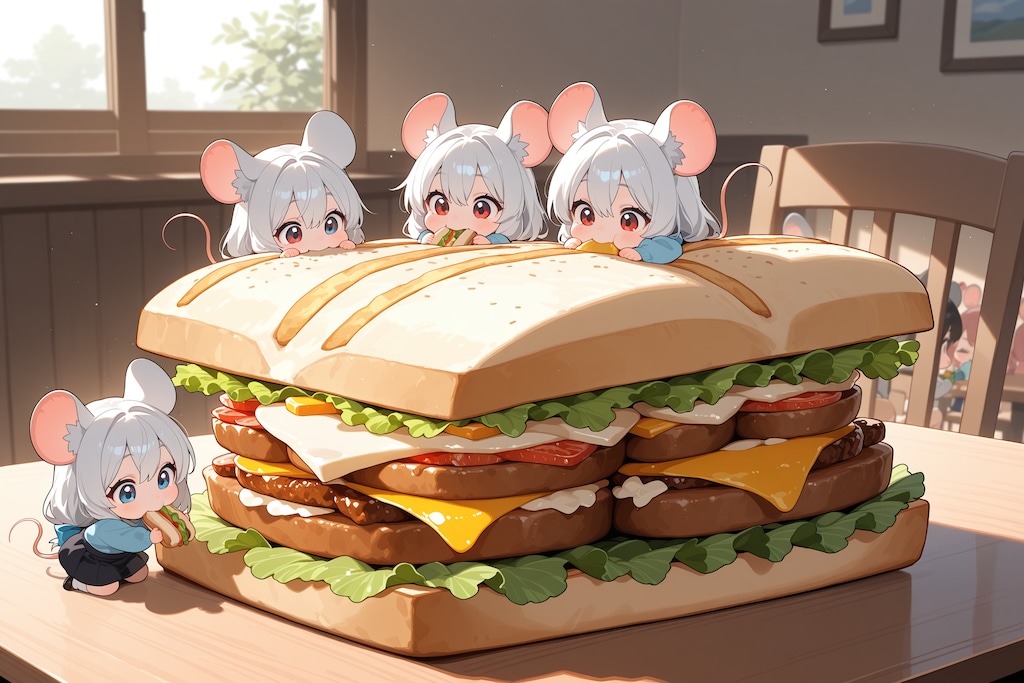 ちびネズミっ子が夢のような大きなサンドイッチを食べる