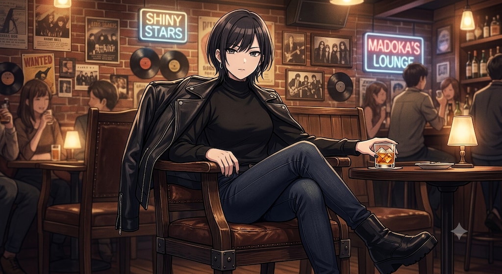 革ジャンを椅子に掛けて座っているクールな女の子