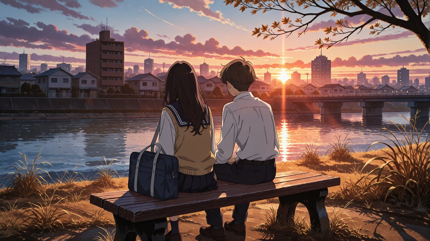夕焼けのベンチと、ふたりの距離 | の人気AIイラスト・グラビア