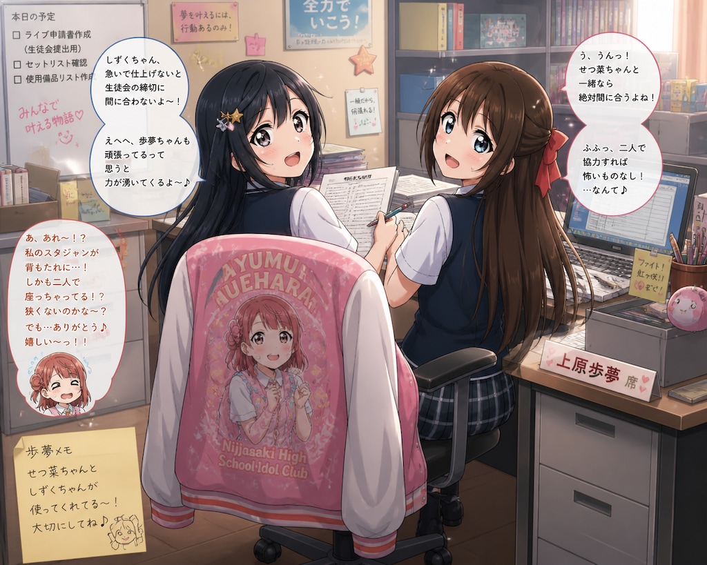 部室の上原歩夢の席で生徒会に提出するライブの許可申請の書類作成をしている優木せつ菜と桜坂しずく