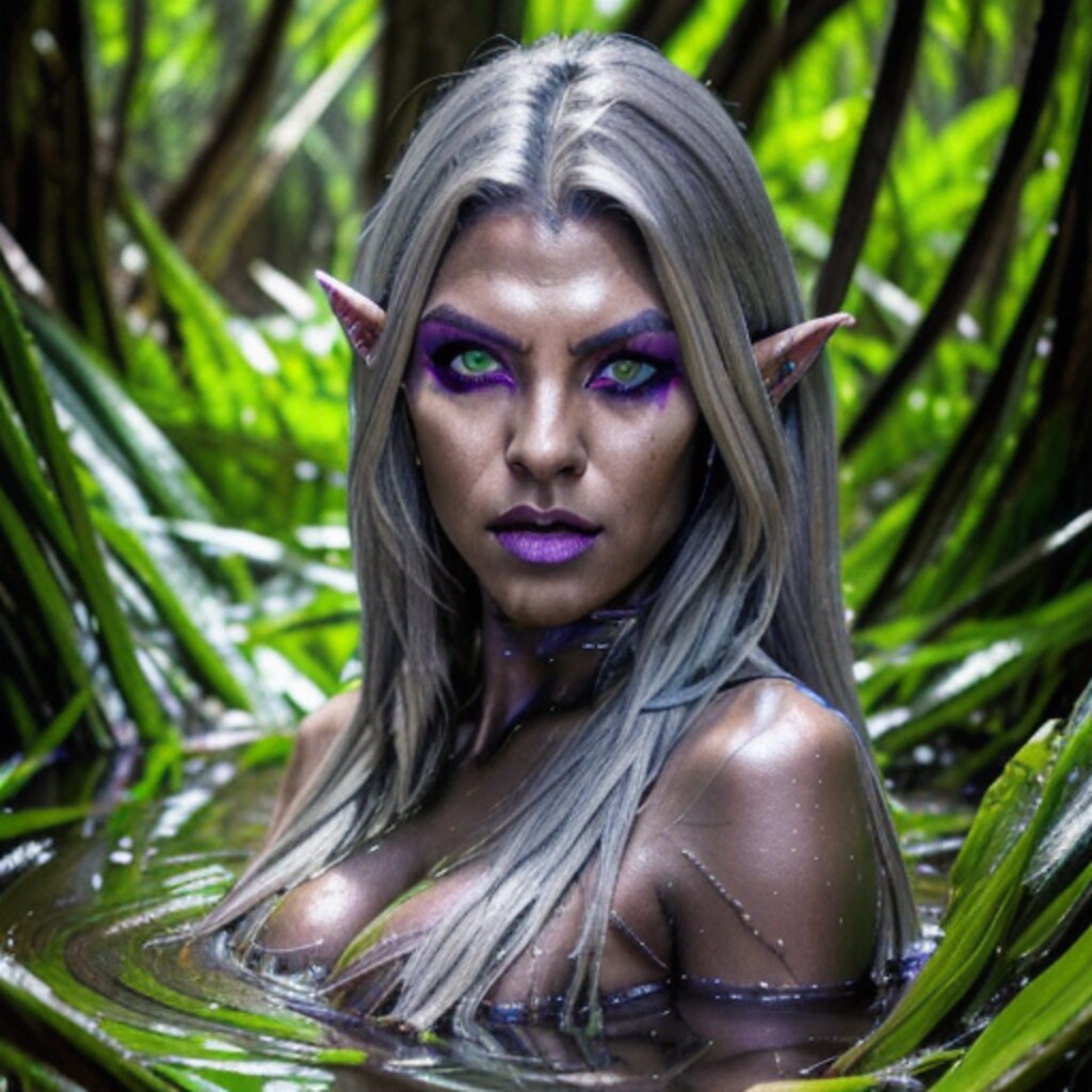 沼地で水浴びするダークエルフ