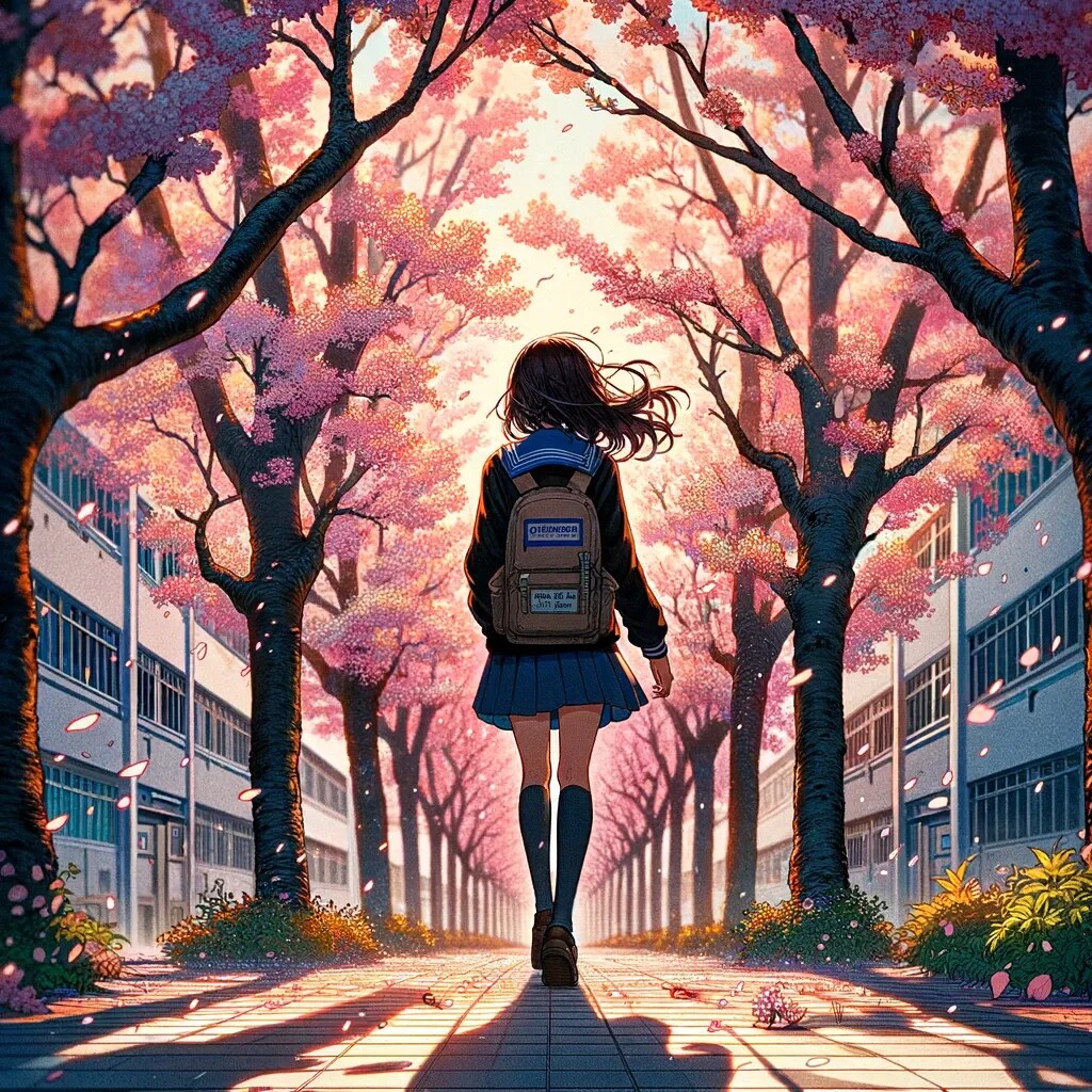 卒業式後の学校の桜並木