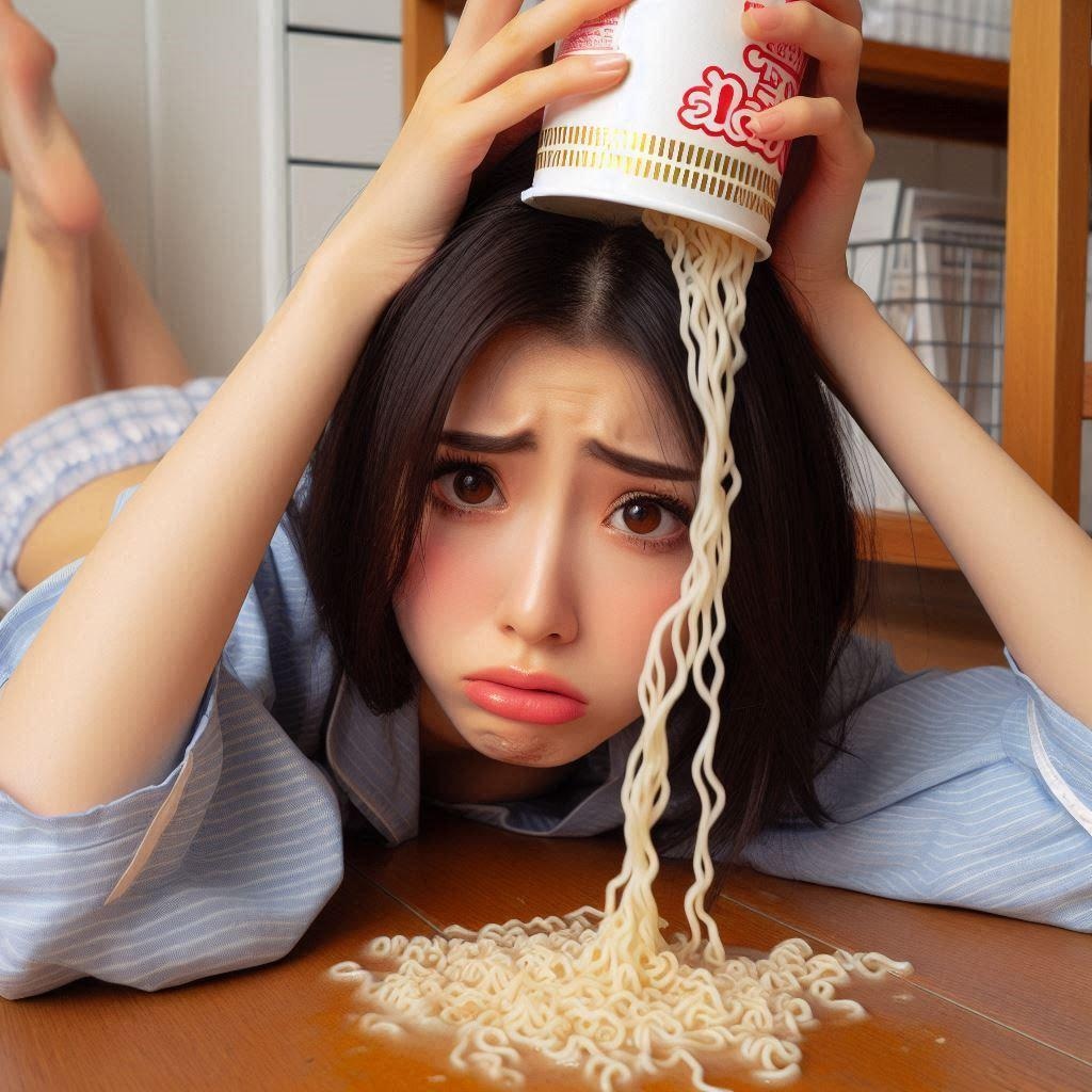 昼飯のカップラーメンを床に全部こぼしました。死にたい…