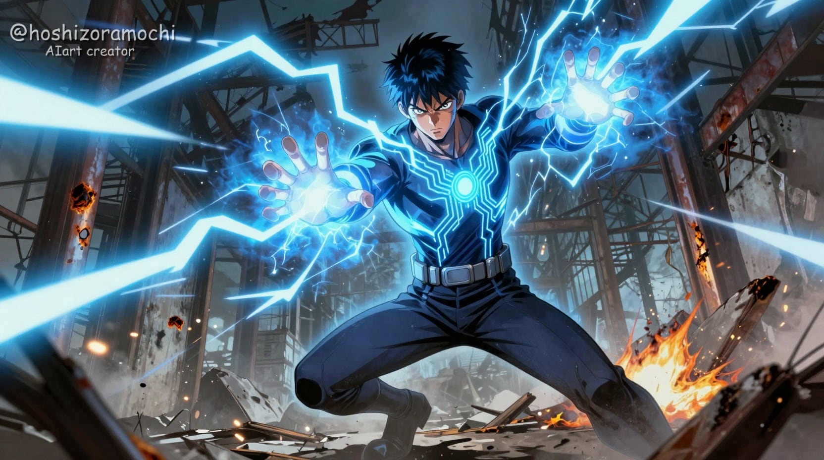 💥青い電撃を操るヒーローの力強い瞬間 | の人気AIイラスト・グラビア