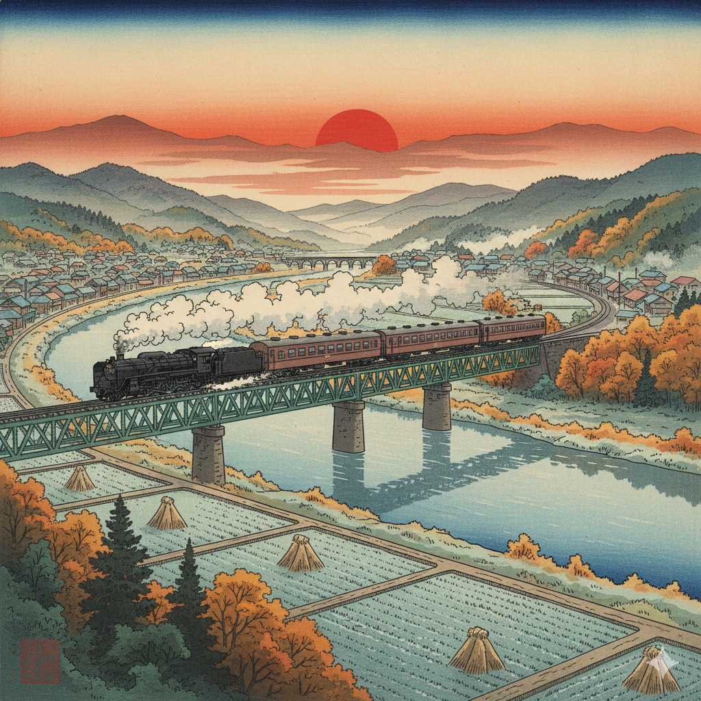 SLが走る晩秋の田舎町(浮世絵)