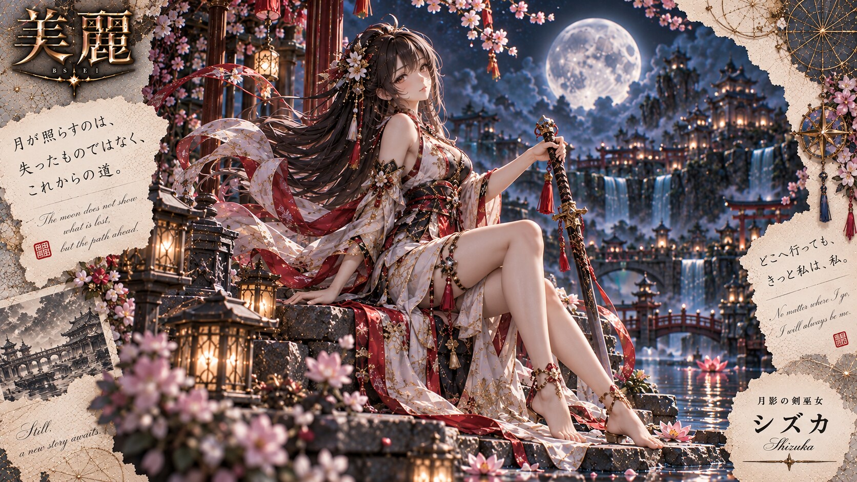 Shizuka — Sword Shrine Maiden of Moonshadow  The moon does not show what is lost, but the path ahead | の人気AIイラスト・グラビア