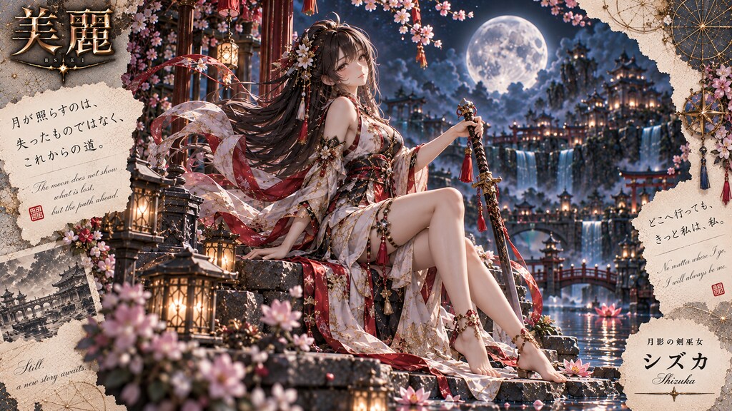 Shizuka — Sword Shrine Maiden of Moonshadow  The moon does not show what is lost, but the path ahead