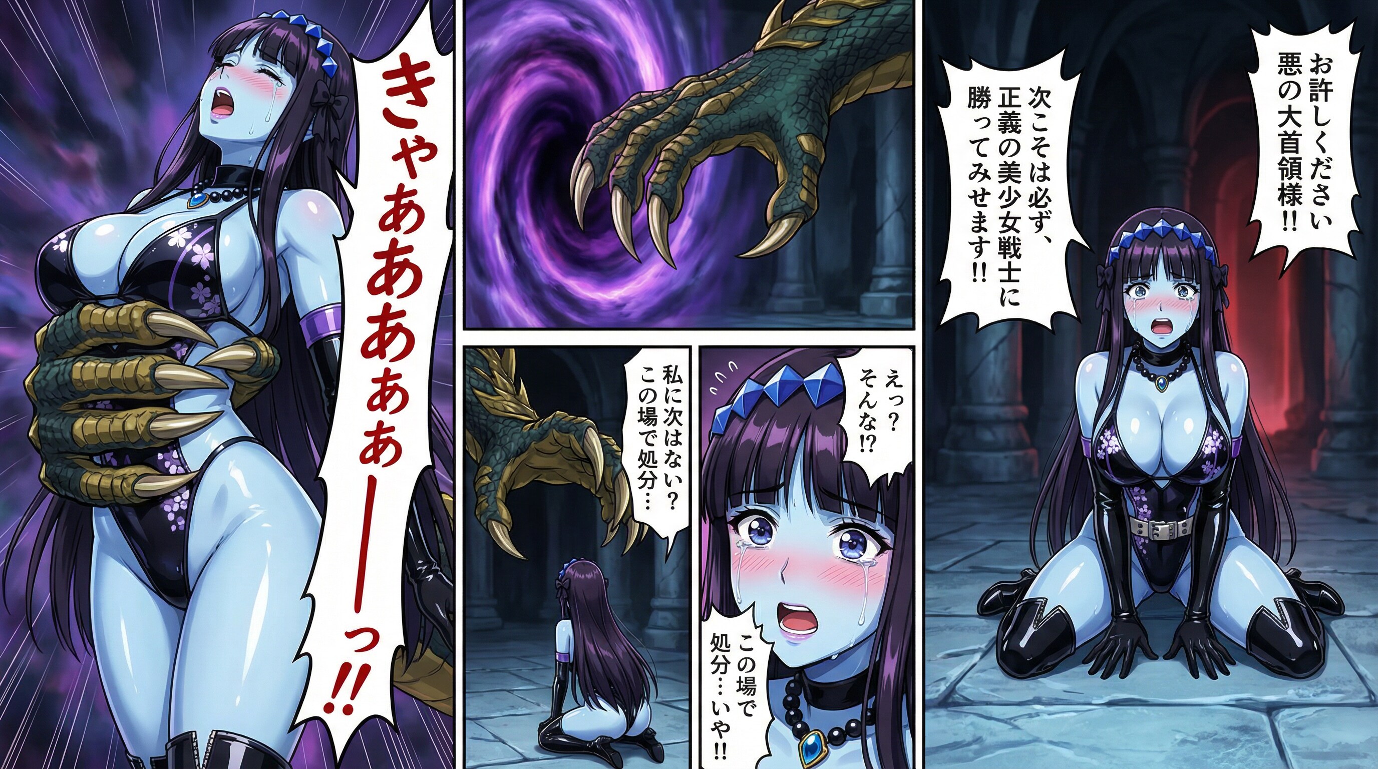迫る！悪の大首領様の断罪の魔手！粛清される💦悪のハイレグ女怪人💦・・正義の力に怯え💦仲間を盾にして逃げ帰ってくるようなハイレグ女怪人は悪の組織に不要💦