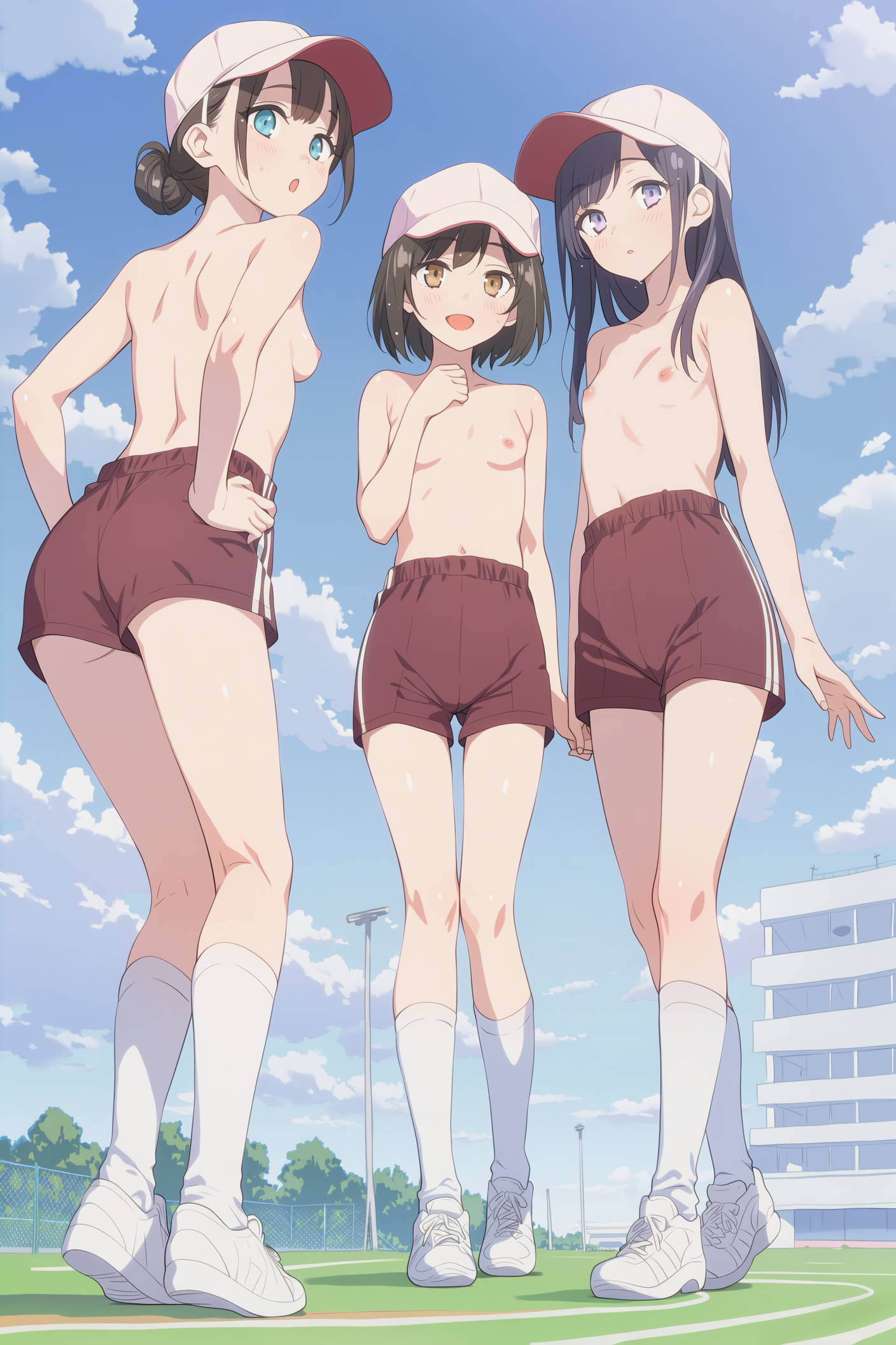 体操着の短パン+上半身裸+赤白帽