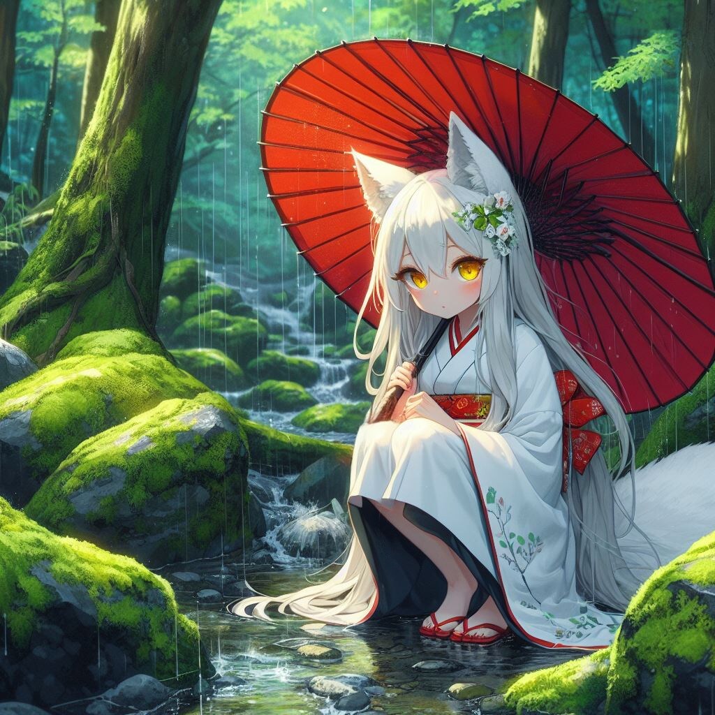 赤い傘をさした白狐