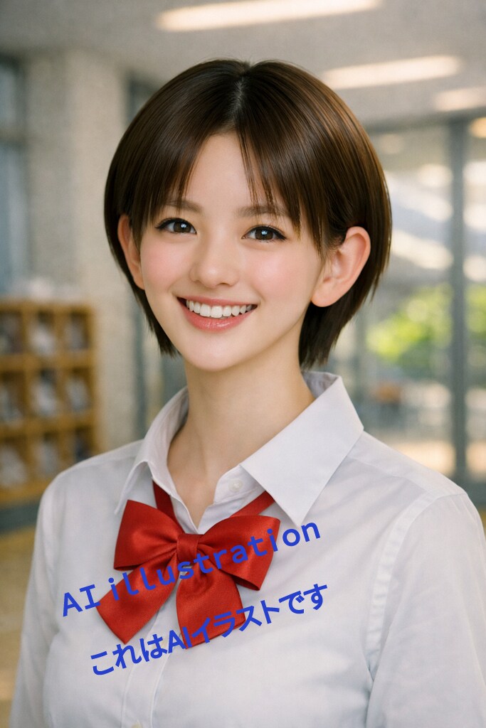 髪を切った翌朝の彼女。   その笑顔を見た瞬間、   “初めてのバッサリ”の情景が、ボクの中で勝手に描き始められた。   ハサミが髪を断つ音、肩に落ちる束… | の人気AIイラスト・グラビア