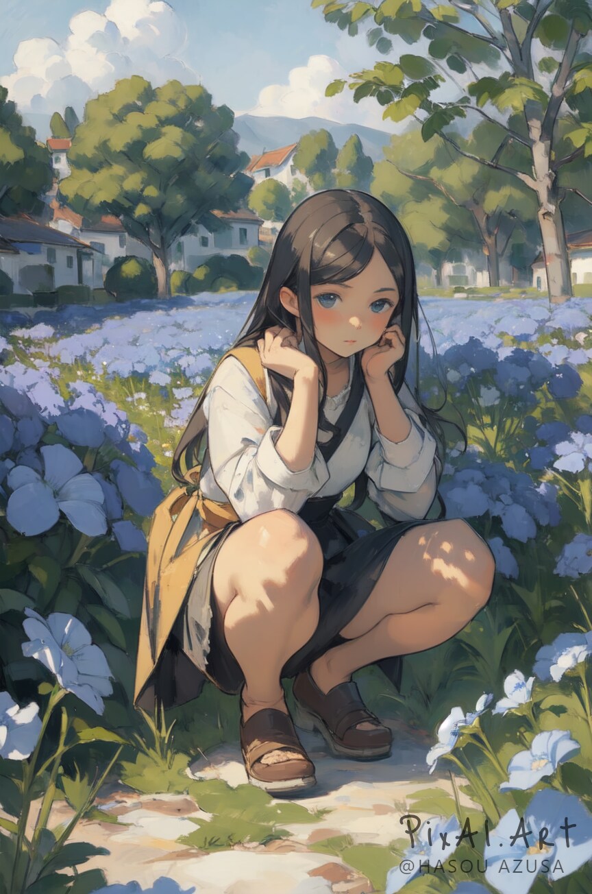 お花畑の真ん中でもよおしてしまい、しゃがんだところで通りかかった人と目が合って顔を凝視したままフリーズする少女