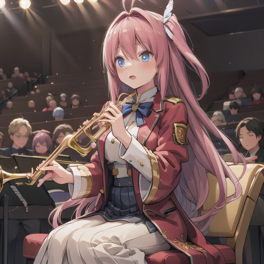 ピンク髪ロングでブラスバンドの少女
