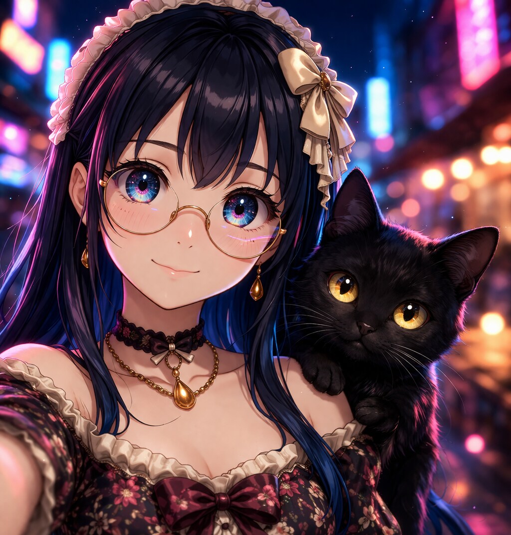 ネオン街で出会った小さな相棒と、夜の屋台スナップ | の人気AIイラスト・グラビア