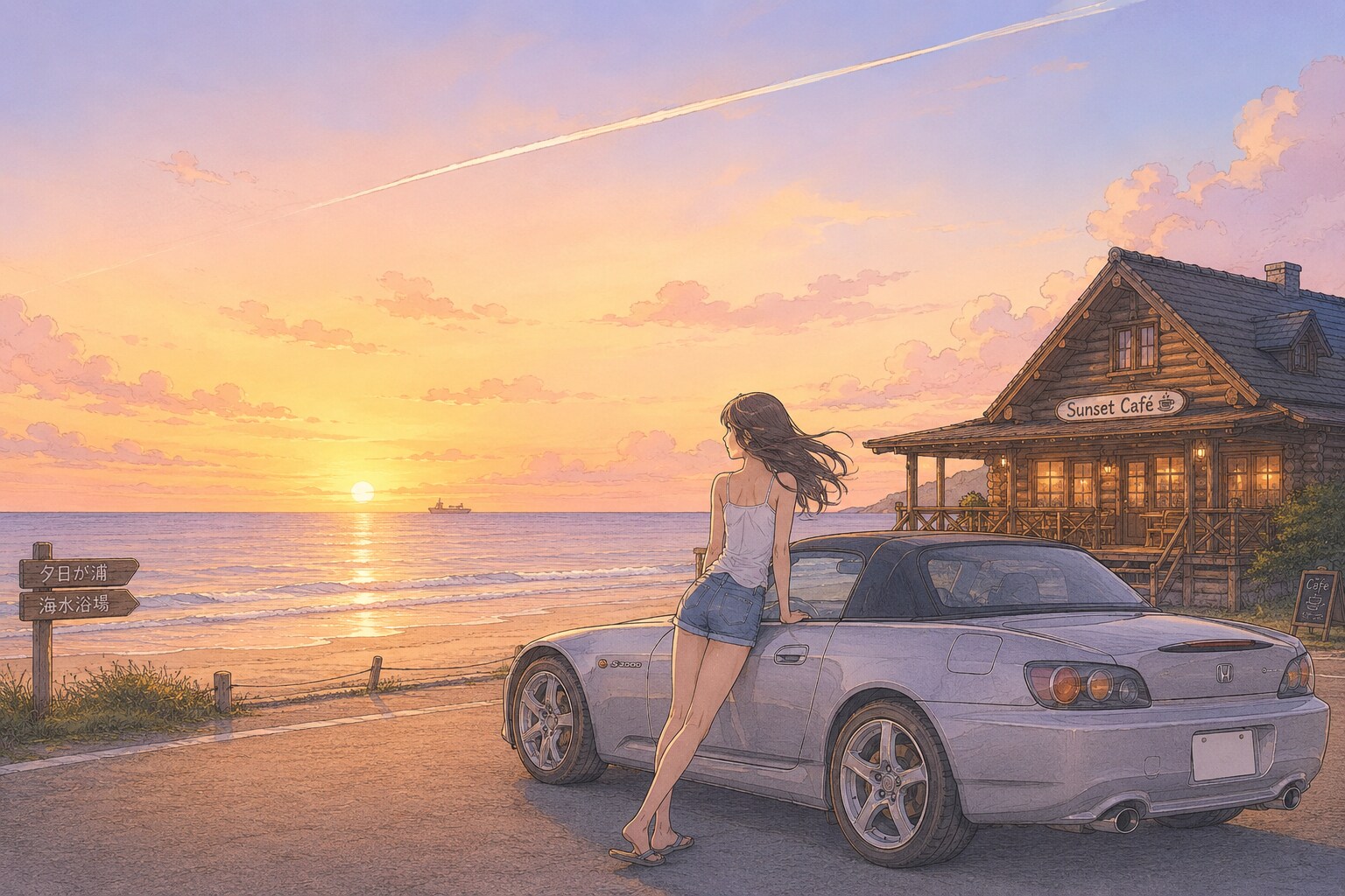 夕日と車と彼女
