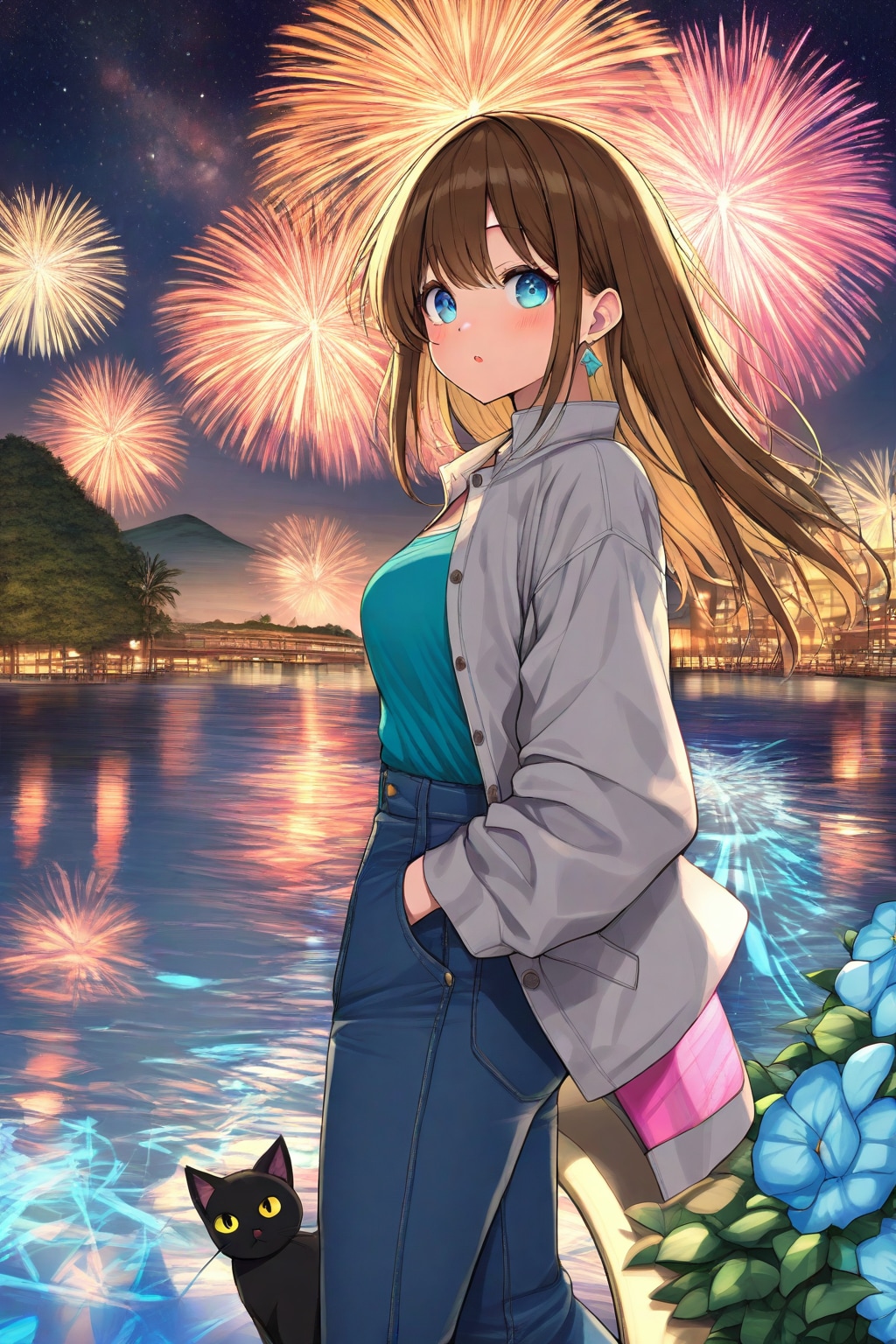 砂浜の魔女と猫と花火