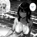 黒髪褐色水着女の子と夏の海♪（季節感ゼロ😅💦のモノクロポートレートついでに漫画要素あり風） 2枚目