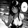 黒髪褐色水着女の子と夏の海♪（季節感ゼロ😅💦のモノクロポートレートついでに漫画要素あり風） 4枚目