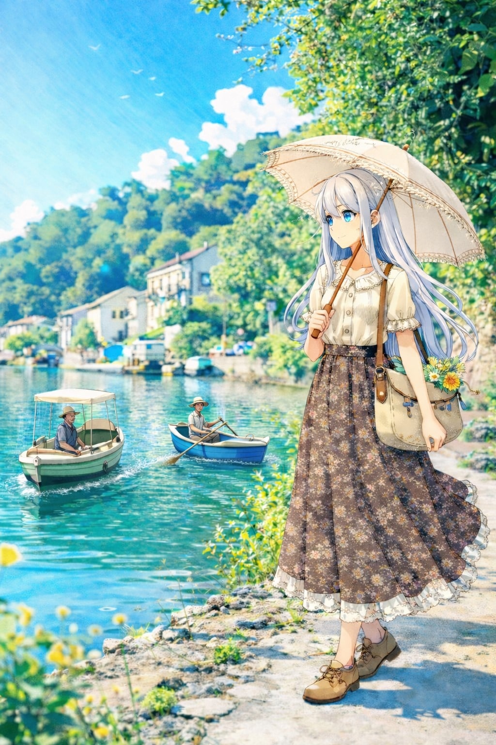 日傘越しに映る湖畔