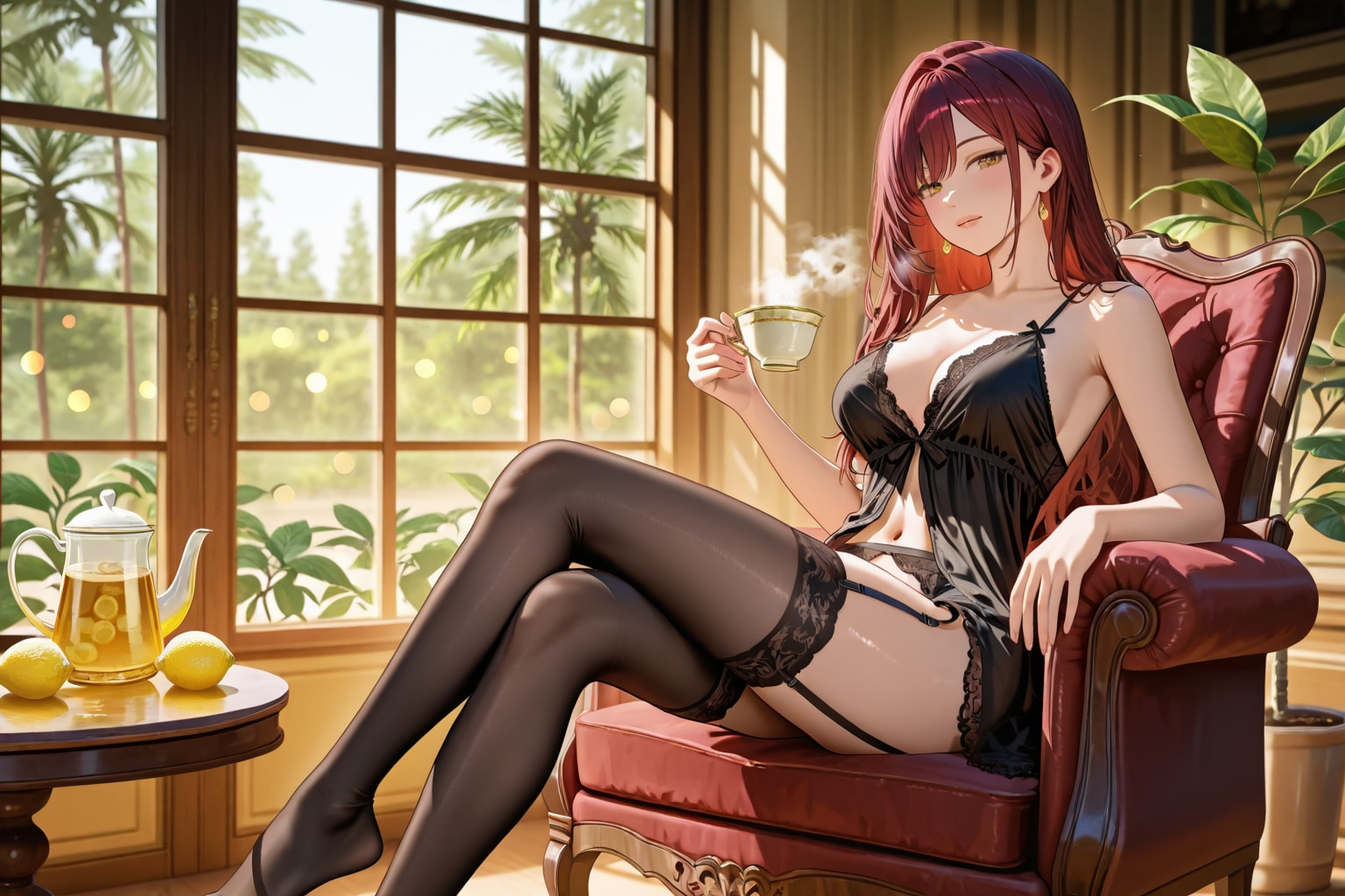 ガーターベルトの美女。優雅にレモンティーを味わう。