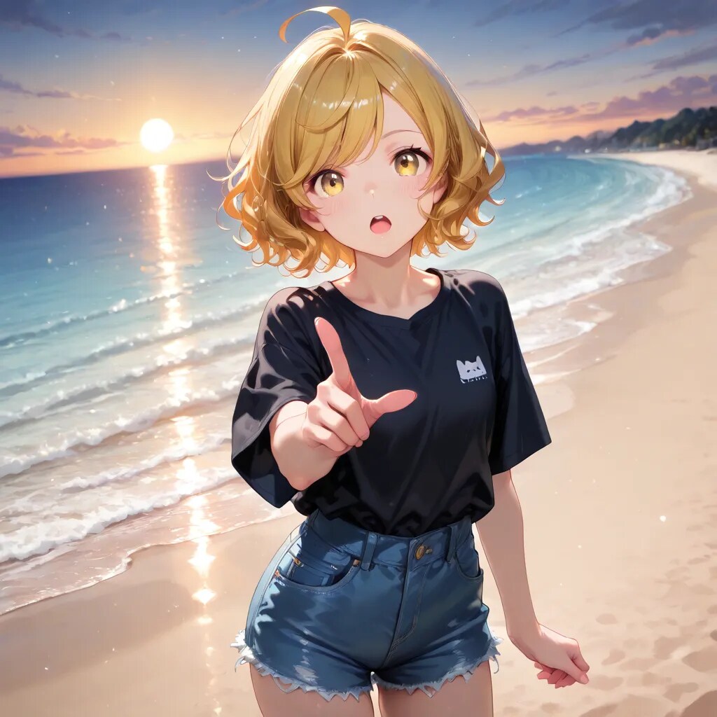 夏の夕暮れ時海岸で ユイ