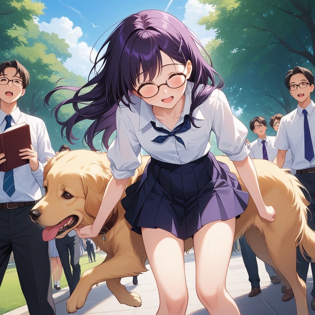 黒髪メガネ 大型犬と