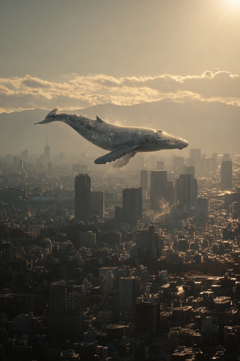 朝の町と空の鯨