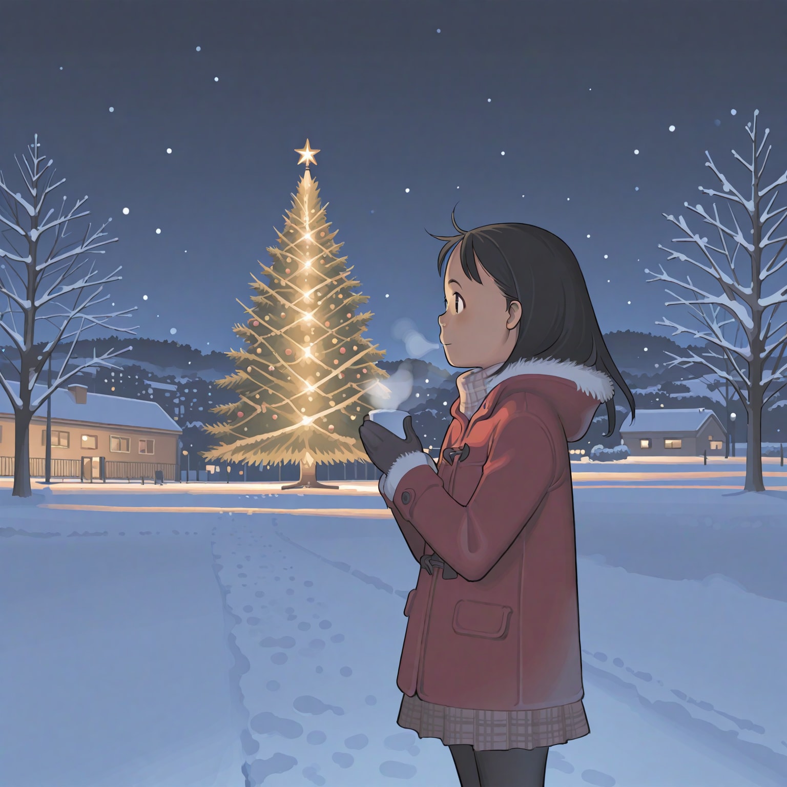 雑誌の表紙風「クリスマスツリーを眺めて飲むココアは美味しい！」 | の人気AIイラスト・グラビア