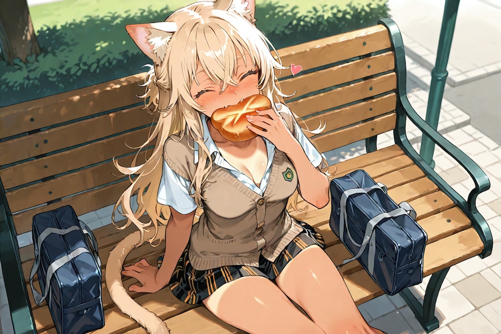 公園でパンを食べる金髪ちゃん