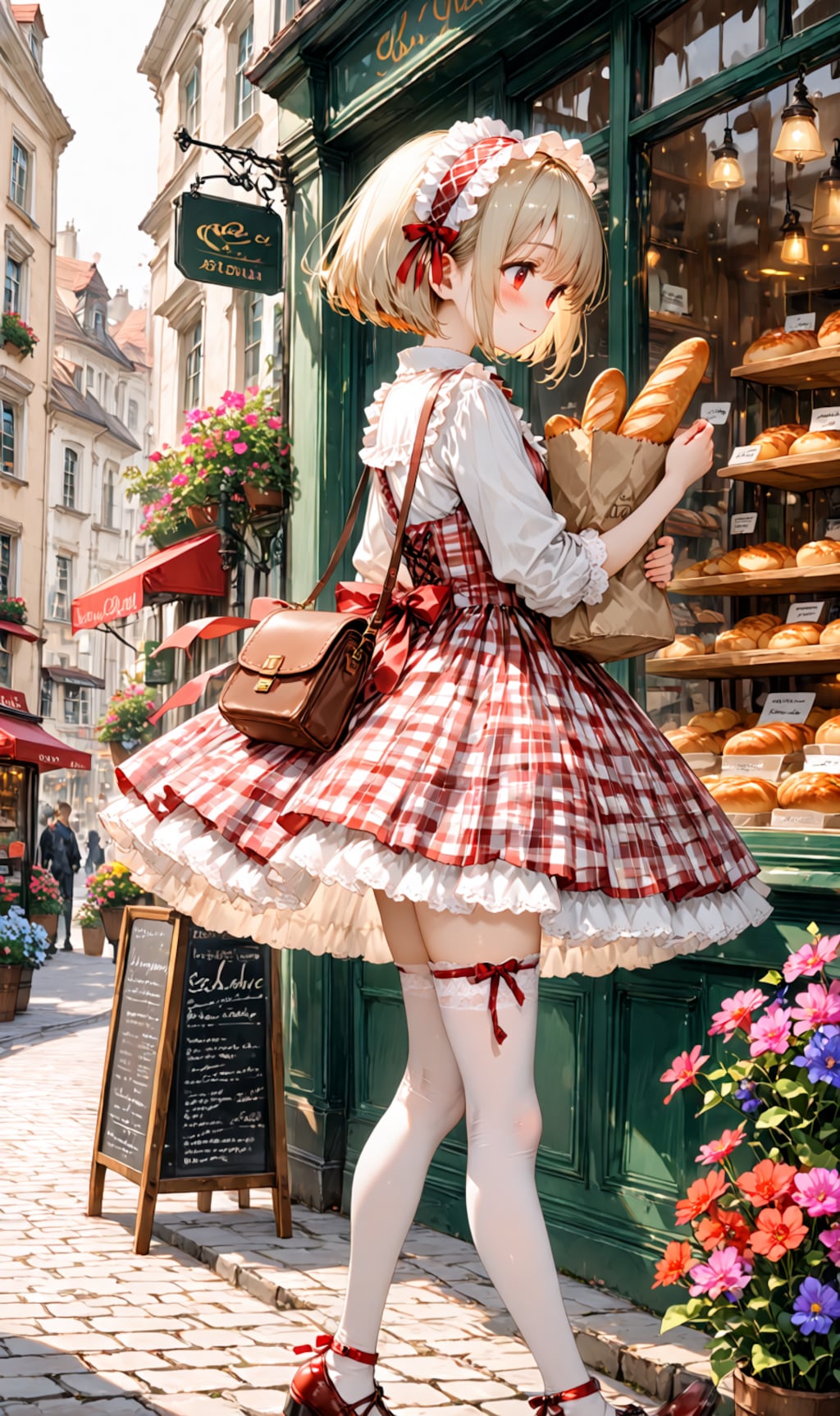 walking along a cobblestone shopping street