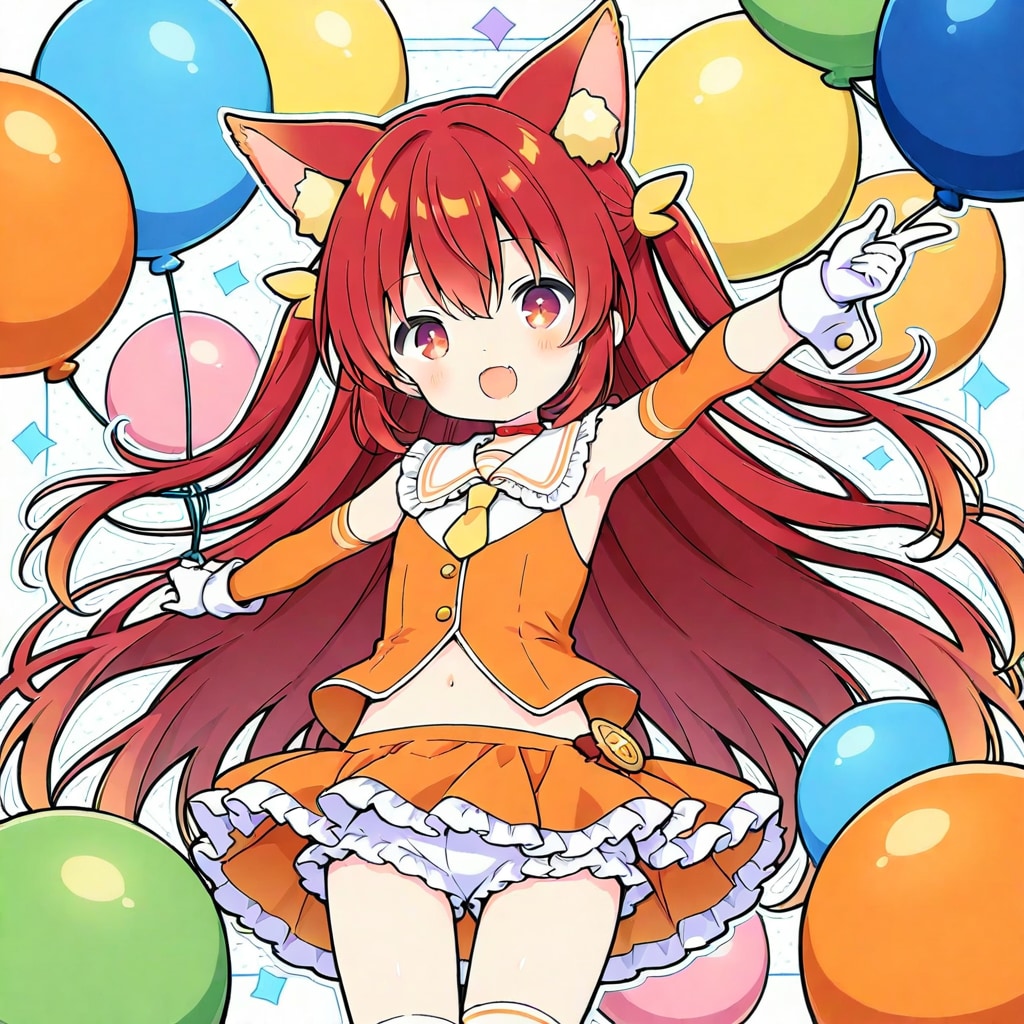 いっぱい風船を膨らませて遊ぶ赤い髪ロングのケモミミ娘