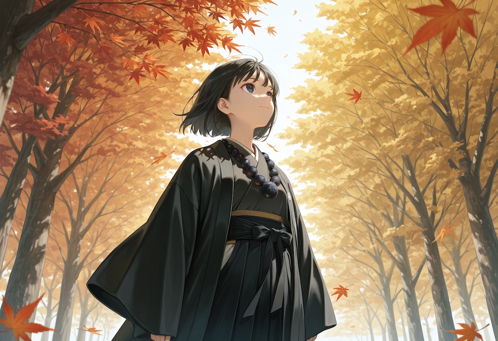 秋の景色と僧侶さん