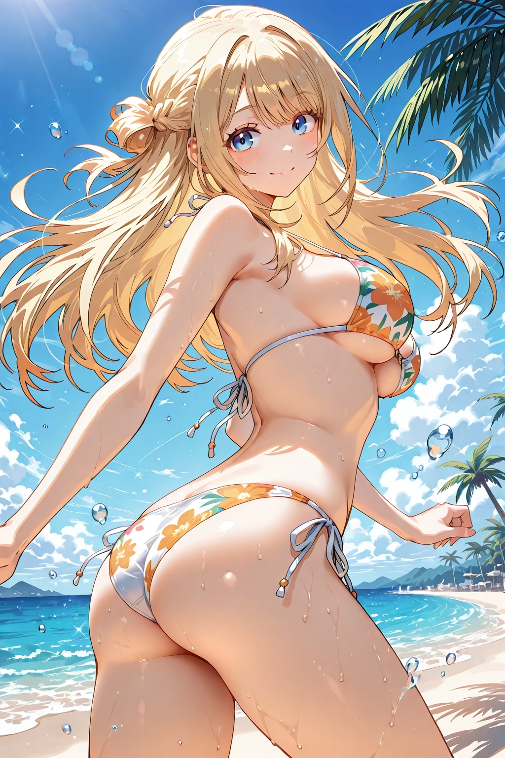 金髪ロング美少女 ビキニ 振り返り