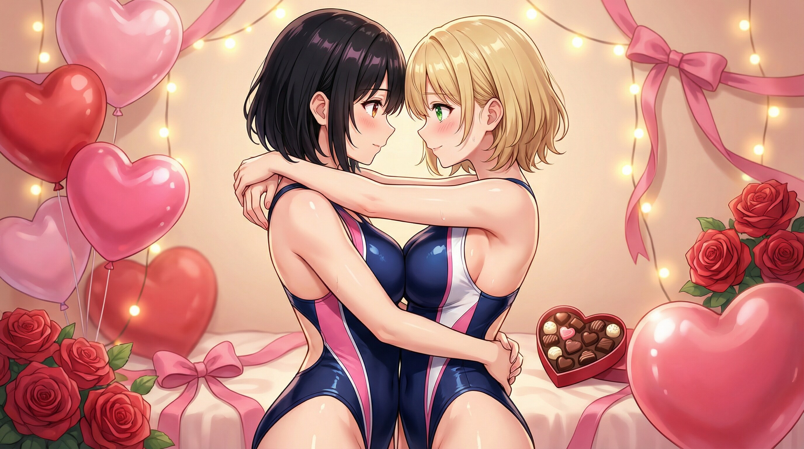 百合💕百合💕水泳部員達の見つめ合いハグ♪・・バレンタイン仕様の部室でイチャつくｗ競泳水着美少女達♪