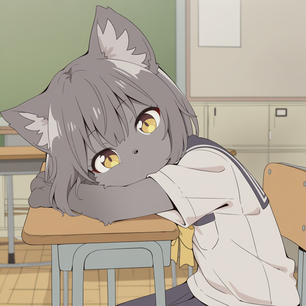 チャイムとともに昼寝から起きて伸びをしながらふと横を見るとケモいあの子がこっちをじっと見ていた。もしかしてこの子昼寝してる間中俺のこと見てたの？…惚れてまうやろ～！ | の人気AIイラスト・グラビア